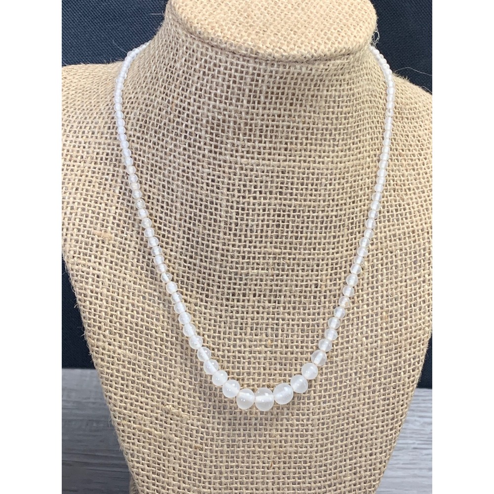 Vintage Japan Graduated Frosted White Bead Necklace 16 Inch Silver Tone Clasp